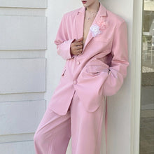 Load image into Gallery viewer, Pink Lace Openwork Patchwork Suit Jacket and Straight-leg Pants Two-piece Suit Set