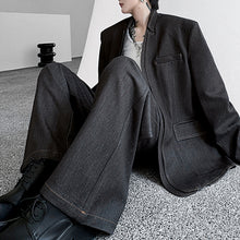 Load image into Gallery viewer, Stand Collar Fake Two-piece Denim Stitching Washed Suit Trousers Two-piece Suit