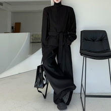 Load image into Gallery viewer, Stand Collar Padded Shoulder Jacket Loose Belt Wide Leg Pants Two Piece Set