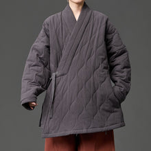 Load image into Gallery viewer, Padded Quilted Wave Cross Collar Wrap Side Tie Loose Hanfu Cardigan