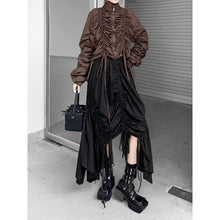 Load image into Gallery viewer, Women's Drawstring Ruched Stand Collar Top Irregular Fringe Skirt Two-piece Set