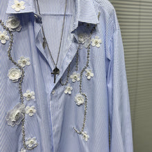 Load image into Gallery viewer, Three-dimensional Flower Loose Blue Striped Shirt