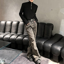 Load image into Gallery viewer, Retro Shoulder Pad Pearl Zipper Decoration Half Turtleneck T-shirts