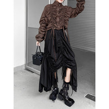 Load image into Gallery viewer, Women's Drawstring Ruched Stand Collar Top Irregular Fringe Skirt Two-piece Set