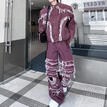 Load image into Gallery viewer, Fringed Denim Jacket and Ripped Jeans Two-piece Set