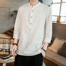 Load image into Gallery viewer, Striped Cotton And Linen Three-quarter Sleeve Shirt