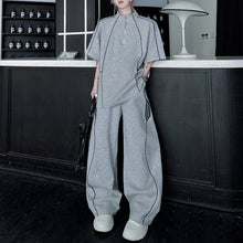 Load image into Gallery viewer, American Style Stand-up Collar Contrast Color T-shirt Zipper Wide-leg Trousers Two-piece Suit