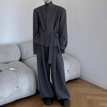 Load image into Gallery viewer, Stand Collar Padded Shoulder Jacket Loose Belt Wide Leg Pants Two Piece Set