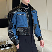 Load image into Gallery viewer, Glossy PU Denim Patchwork Short Jacket
