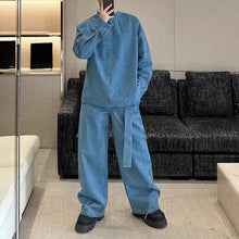 Load image into Gallery viewer, Distressed Raw Edge Stand Collar Side Zip Top Vintage Wide Leg Jeans Two Piece Set