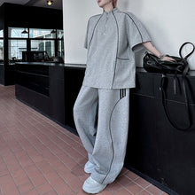 Load image into Gallery viewer, American Style Stand-up Collar Contrast Color T-shirt Zipper Wide-leg Trousers Two-piece Suit