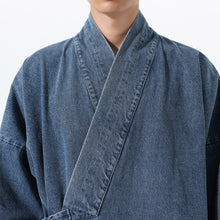 Load image into Gallery viewer, Vintage Washed Denim Cross Front Kimono Coat
