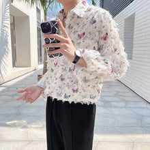 Load image into Gallery viewer, Butterfly Print Raw Edge Loose Casual Long-sleeved Shirt