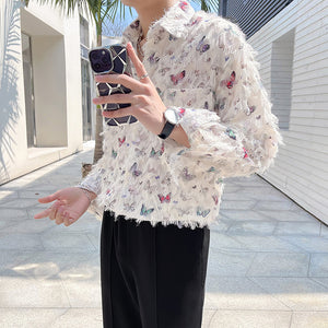 Butterfly Print Raw Edge Loose Casual Long-sleeved Shirt