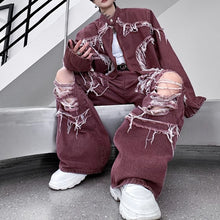 Load image into Gallery viewer, Fringed Denim Jacket and Ripped Jeans Two-piece Set