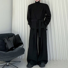 Load image into Gallery viewer, Stand Collar Padded Shoulder Jacket Loose Belt Wide Leg Pants Two Piece Set