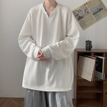Load image into Gallery viewer, Loose V-neck Long-sleeved Textured T-shirt