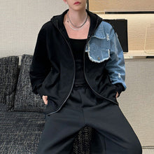 Load image into Gallery viewer, Denim Paneled Knitted Hooded Loose Jacket
