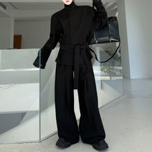 Load image into Gallery viewer, Stand Collar Padded Shoulder Jacket Loose Belt Wide Leg Pants Two Piece Set