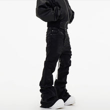 Load image into Gallery viewer, Dark Waxed Coated Ribbon Slightly Flared Mopping Stacked Denim Trousers