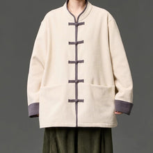 Load image into Gallery viewer, Fleece Lined Contrast Collar Frog Button Hanfu Cardigan