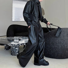 Load image into Gallery viewer, Stand-up Collar Leather Jacket and Wide-leg Leather Pants Two-piece Set