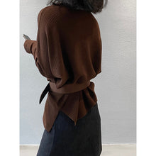 Load image into Gallery viewer, Women's Ribbed Knit Off Shoulder Belted Asymmetrical Hem Sweater