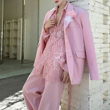 Load image into Gallery viewer, Pink Lace Openwork Patchwork Suit Jacket and Straight-leg Pants Two-piece Suit Set
