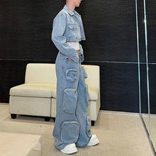 Load image into Gallery viewer, Denim Three-dimensional Multi-pocket Short Jacket and Wide-leg Trousers Two-piece Set