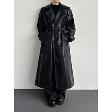 Load image into Gallery viewer, Double Breasted Belted PU Leather Long Trench Coat