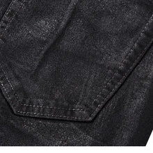 Load image into Gallery viewer, Dark Waxed Coated Ribbon Slightly Flared Mopping Stacked Denim Trousers