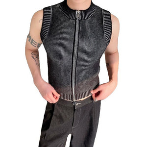 Stand Collar Zipper Short Knitted Stretch Vest