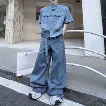Load image into Gallery viewer, Stand Collar Beaded Denim Shoulder Pad Short Sleeve Wide Leg Trousers Two Piece Set