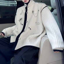Load image into Gallery viewer, American Stand-up Collar Color-blocked Knit Cardigan