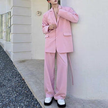 Load image into Gallery viewer, Pink Lace Openwork Patchwork Suit Jacket and Straight-leg Pants Two-piece Suit Set