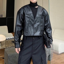 Load image into Gallery viewer, Short Black V-Neck Casual Leather Jacket