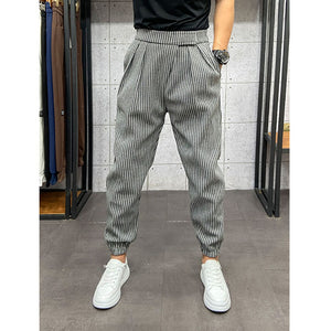 Winter Thick Striped Pleated Cropped Trousers