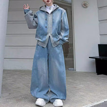 Load image into Gallery viewer, American Color-blocked Denim Jacket and Washed Wide-leg Trousers Two-piece Set
