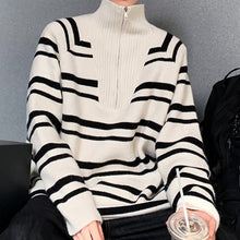 Load image into Gallery viewer, Stand Collar Half Zip Striped Sweater
