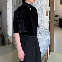 Load image into Gallery viewer, Metallic Stand Collar Half Sleeve Velvet T-Shirt