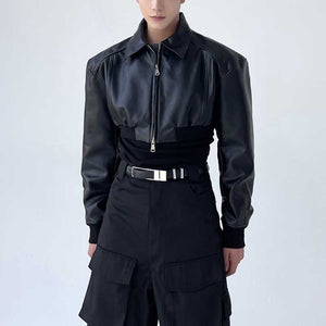 Black Short Zip PU Leather Jacket