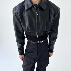 Black Short Zip PU Leather Jacket