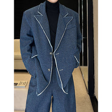 Load image into Gallery viewer, Shoulder-padded Raw-edge Denim Blazer Straight-leg Wide-leg Pants Two-piece Set