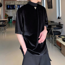 Load image into Gallery viewer, Metallic Stand Collar Half Sleeve Velvet T-Shirt