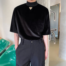 Load image into Gallery viewer, Metallic Stand Collar Half Sleeve Velvet T-Shirt