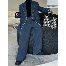 Load image into Gallery viewer, Shoulder-padded Raw-edge Denim Blazer Straight-leg Wide-leg Pants Two-piece Set