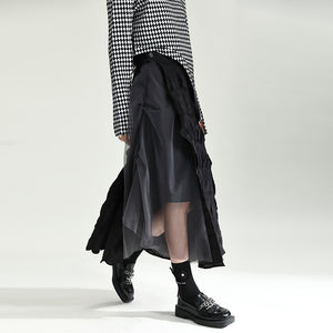 Contrast Color Stitching Mesh Pleated A-line Skirt