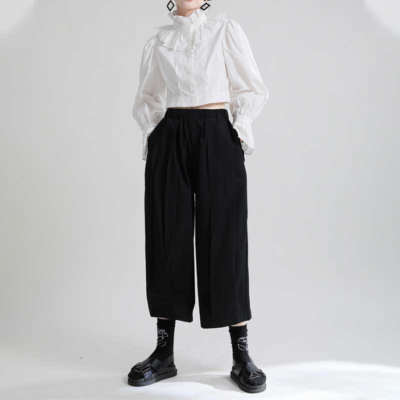 Fashion Irregularity Wide Leg Solid Color Elastic Waist Cropped Pants