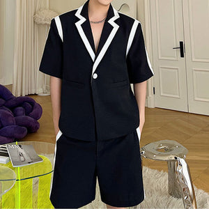 Color Blocking Lines Blazer And Shorts Suit