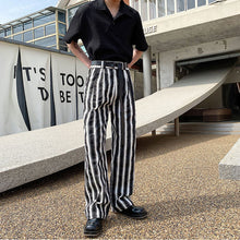 Load image into Gallery viewer, Black and White Striped Belt Tie Pants